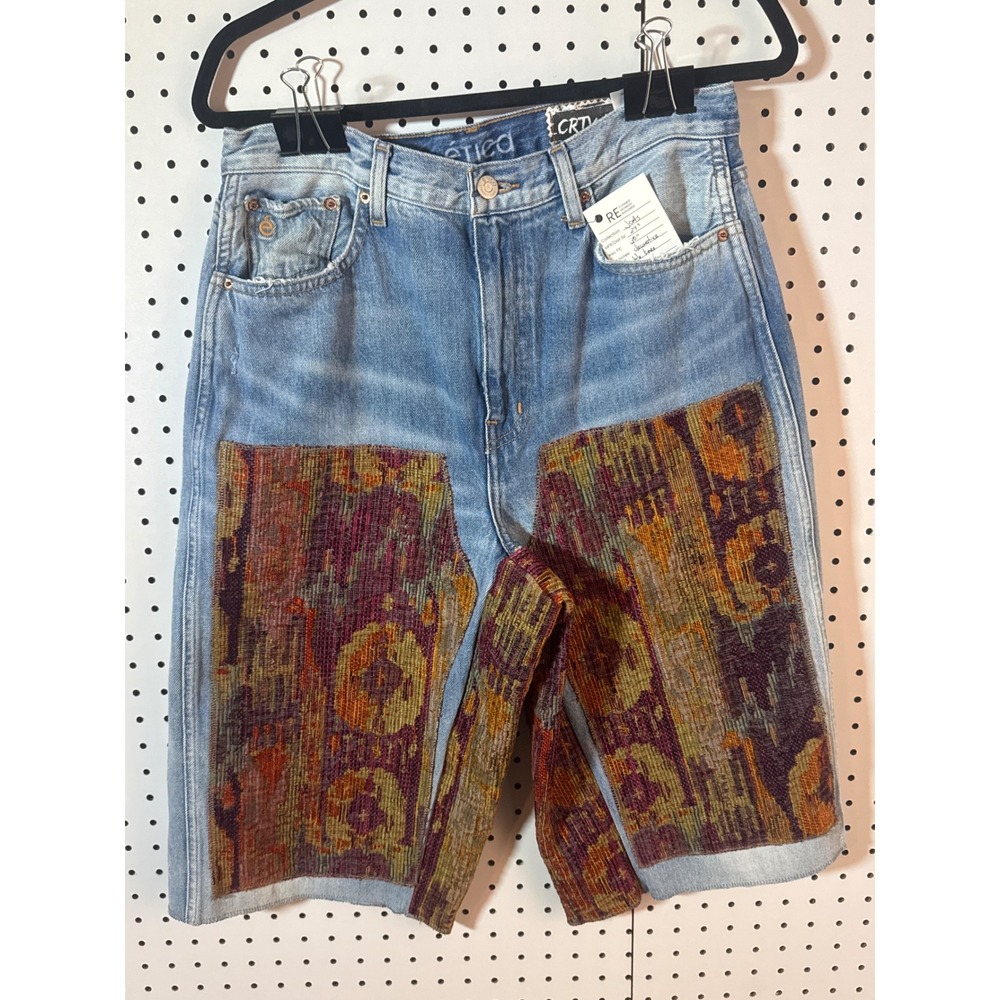 CRTV LTRCY handmade Double Knee Jorts Tapestry Patchwork Denim Shorts Light Wash - Picture 1 of 3